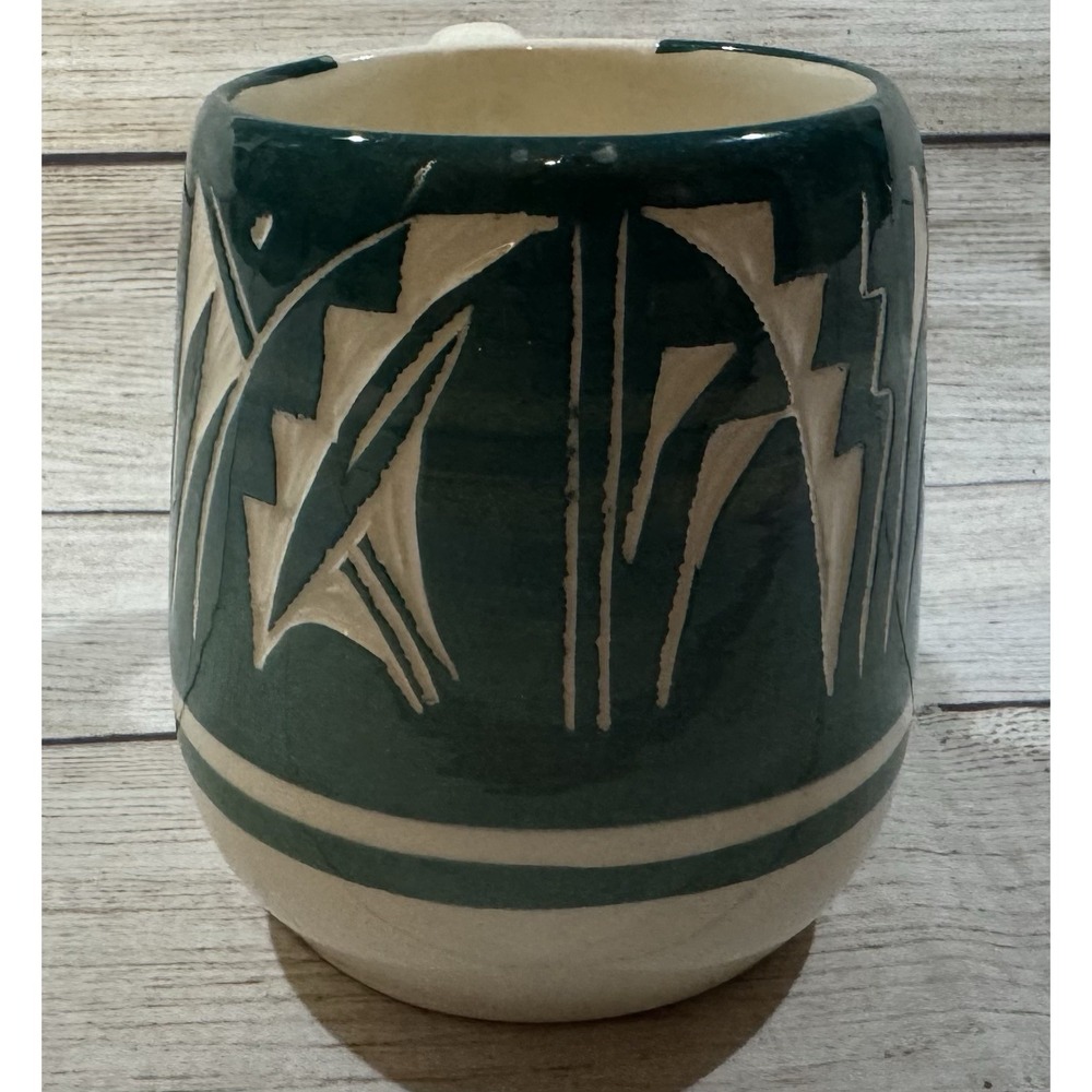 Vintage Native American Teal Coffee Cup Carved Pottery Signed by Artist 15 oz - Picture 2 of 5